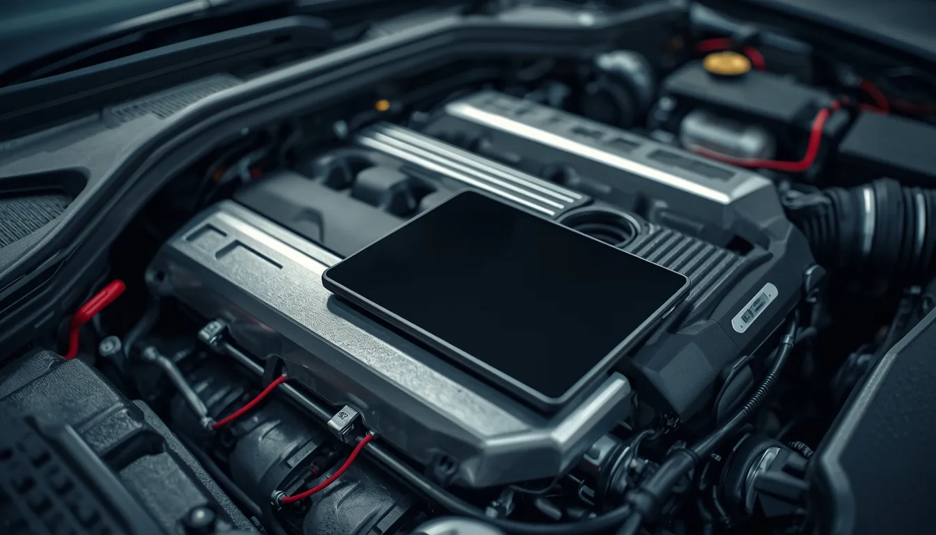 Clean detailed engine bay with a diagnostic tablet resting on the engine cover and a red accent cable