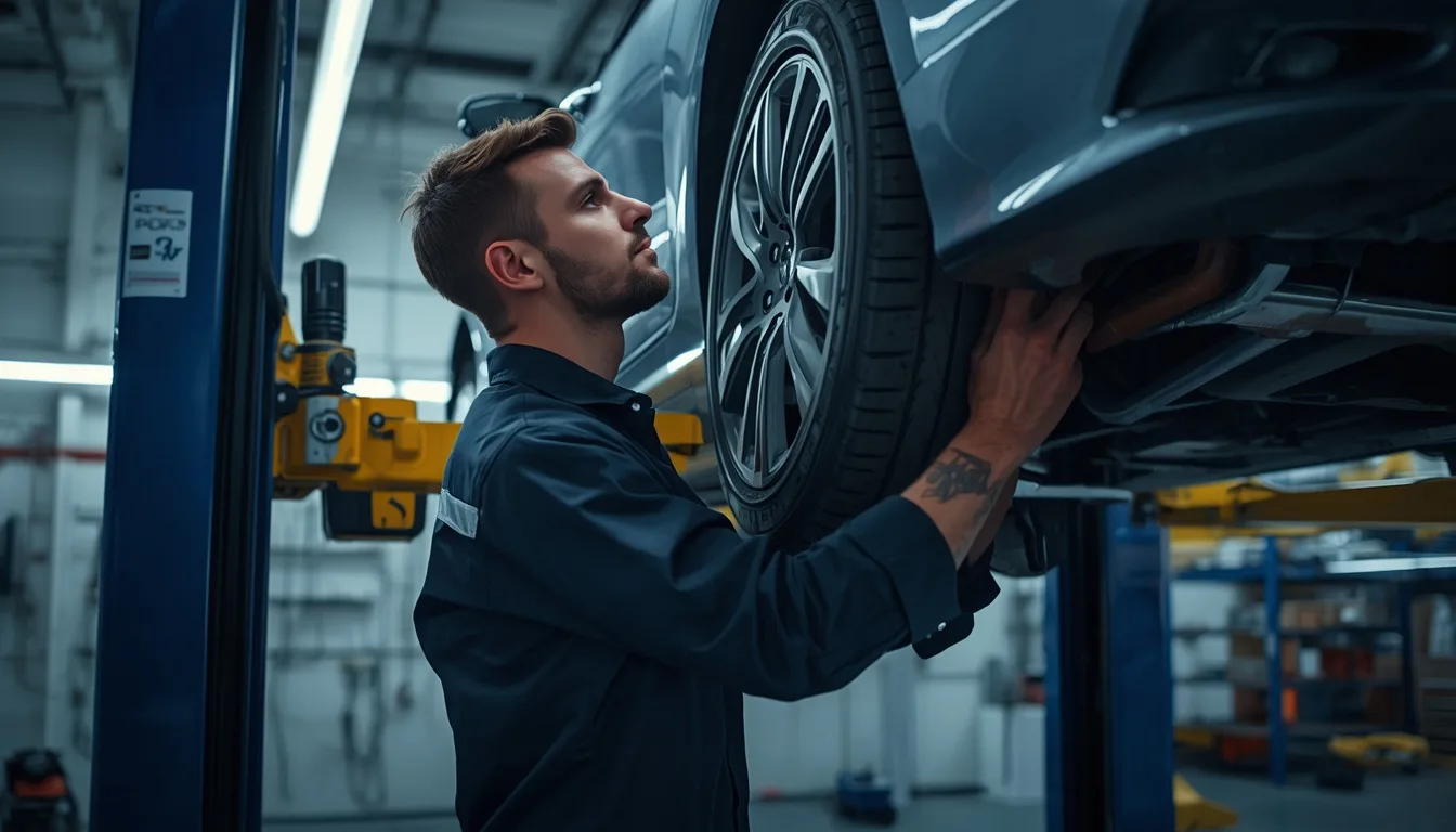 Apex Auto mechanic inspecting the underside of a car raised on a hoist in a clean modern workshop