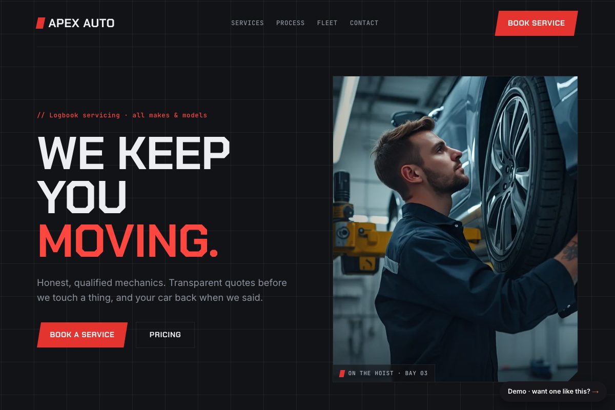 Screenshot of the Apex Auto mechanic demo website