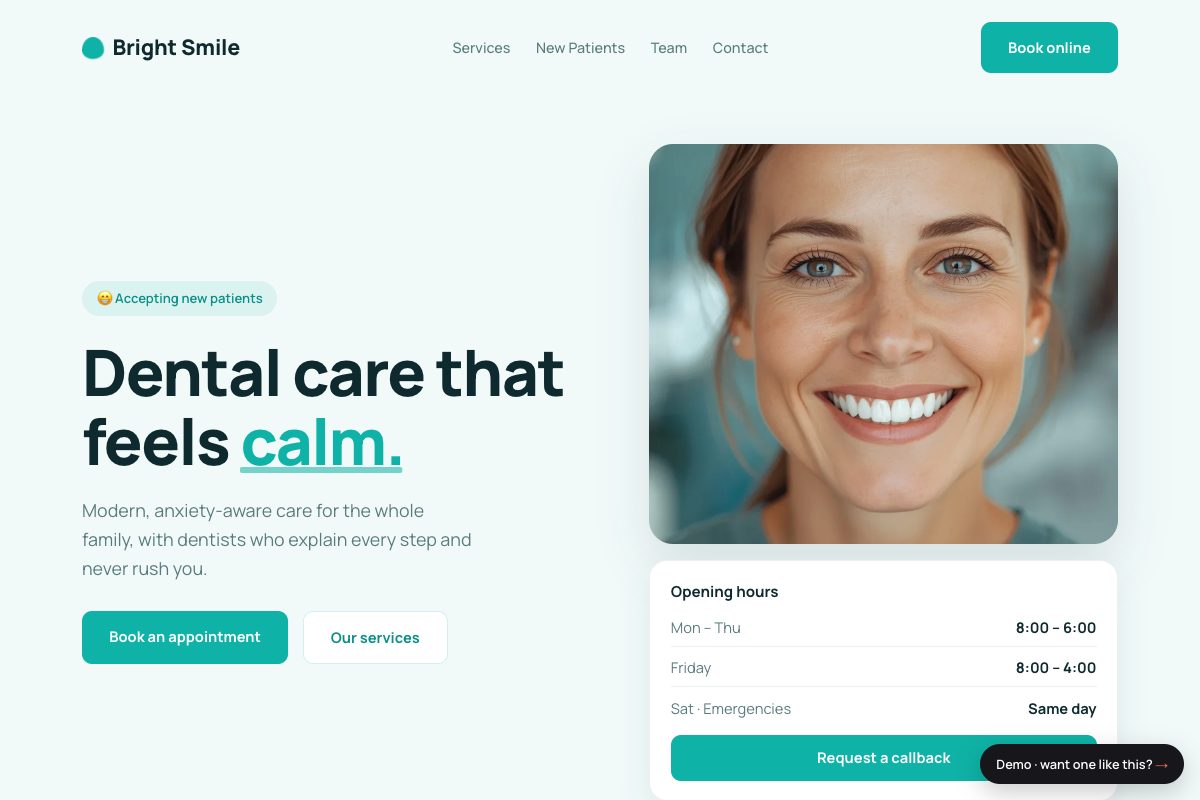 Screenshot of the Bright Smile dental clinic demo website