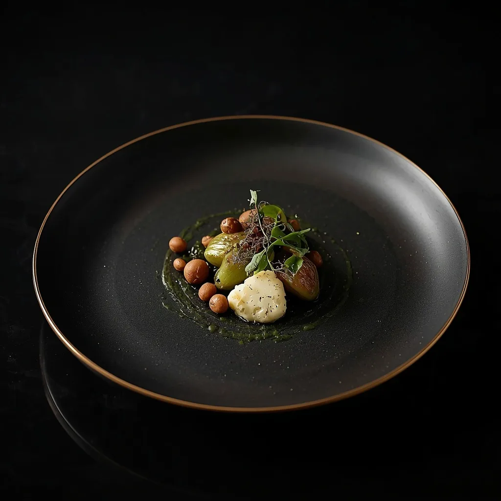 A single plated dish on matte dark stoneware with a gold rim