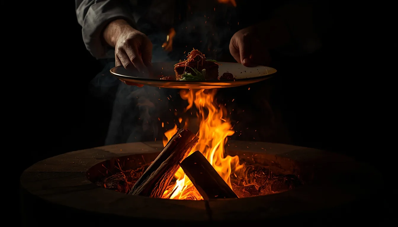 Chef plating a dish over an open wood fire, sparks rising in the dark
