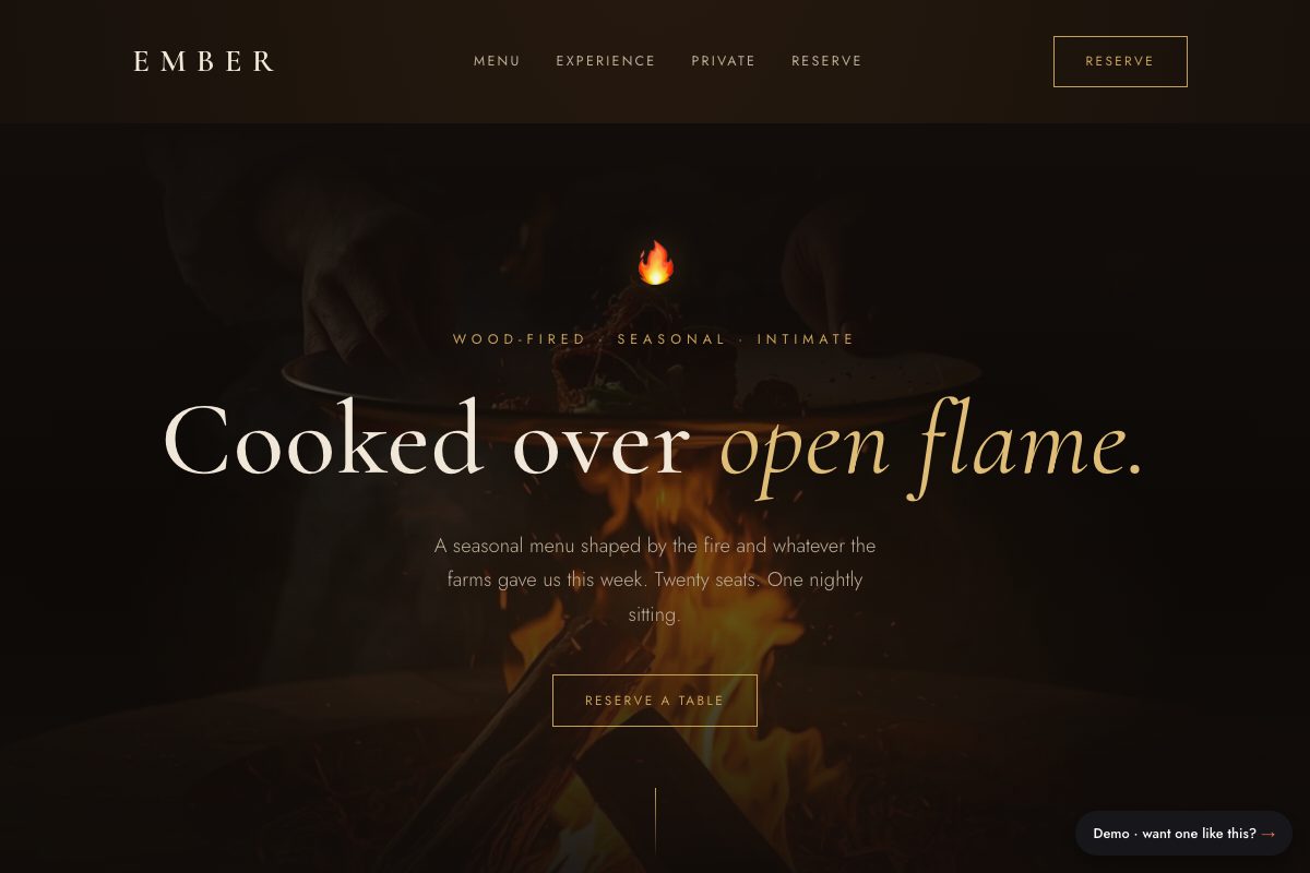 Screenshot of the Ember restaurant demo website