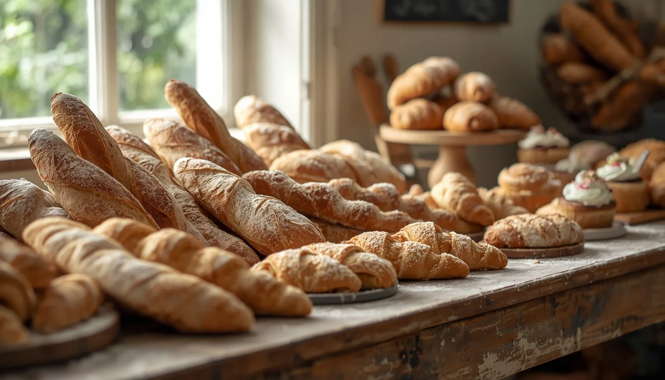 A rustic wooden table piled with fresh crusty bread and little cakes in warm morning light