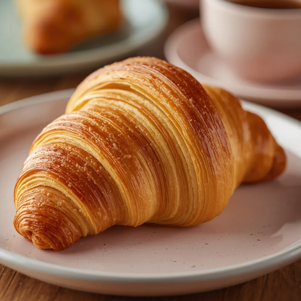 Golden butter croissant macro on a pastel plate
