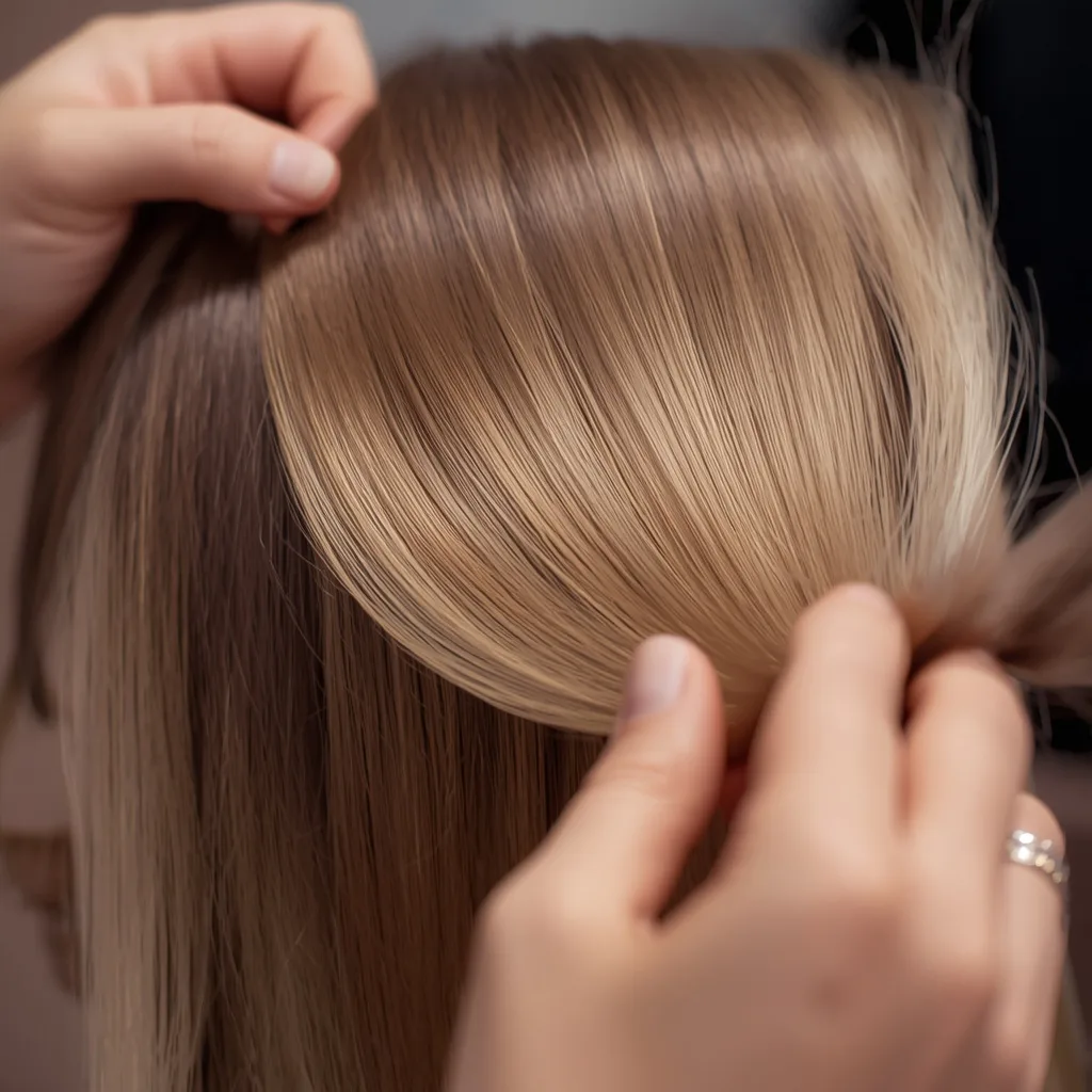 Stylist sweeping balayage sections through glossy, multi-tonal hair
