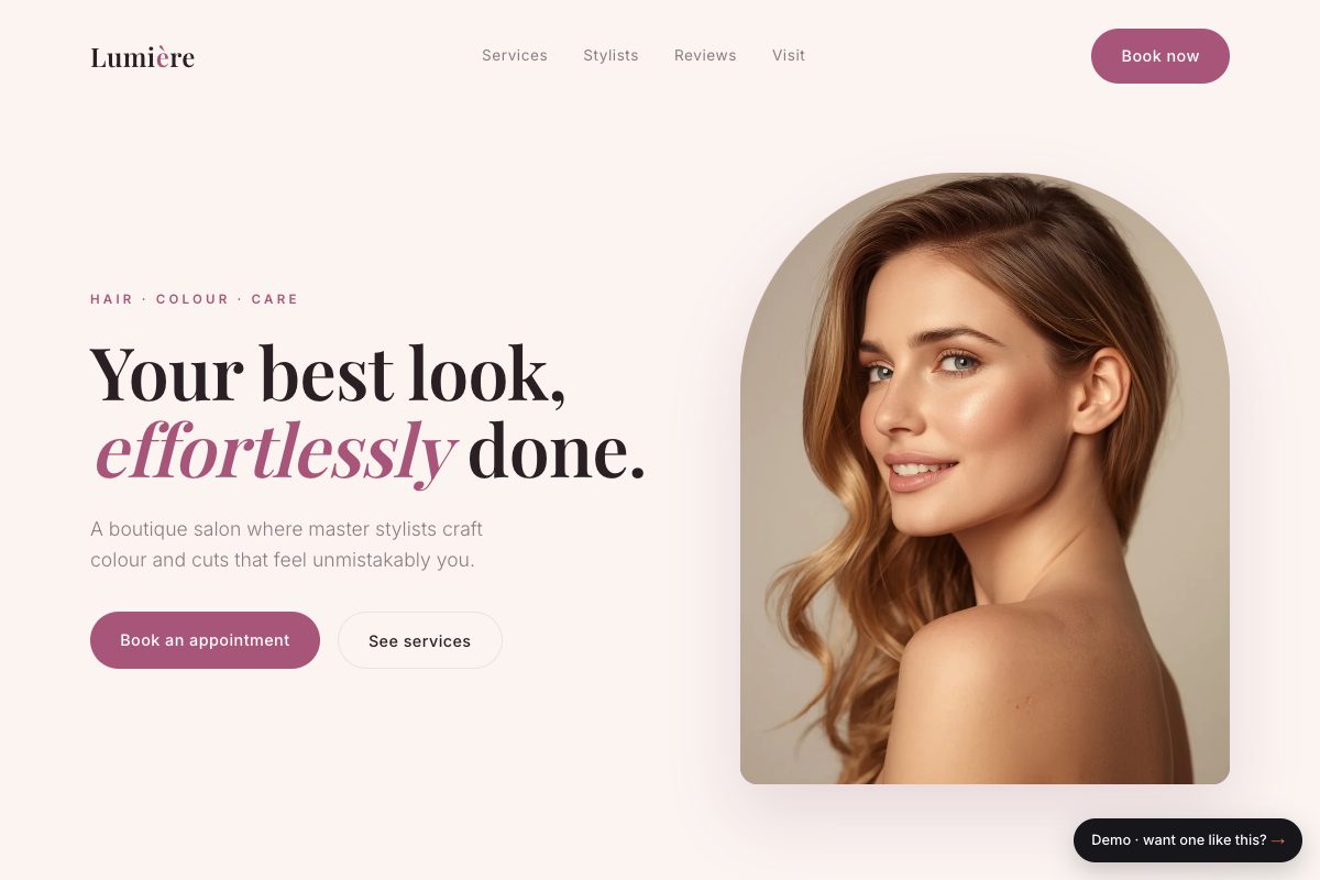 Screenshot of the Lumiere hair salon demo website