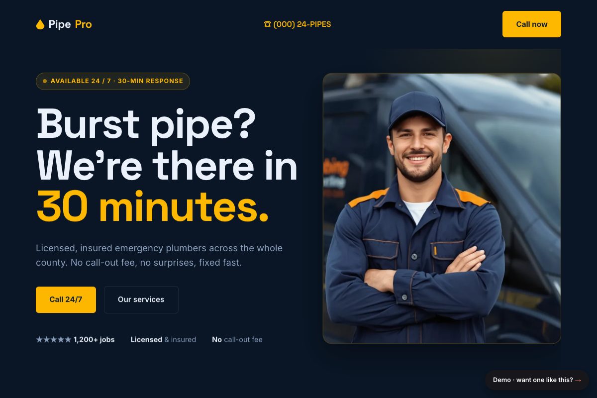 Screenshot of the PipePro plumbing demo website