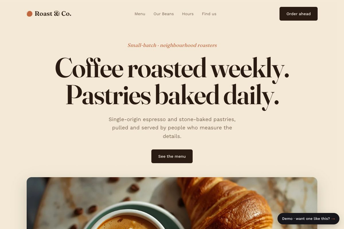 Screenshot of the Roast coffee shop demo website