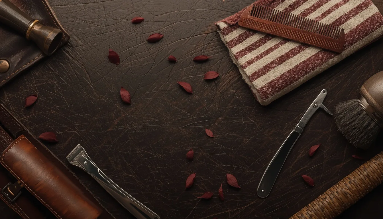 Top-down flat-lay of vintage barber tools on dark leather, with a straight razor, comb, brush, clippers and leather strop