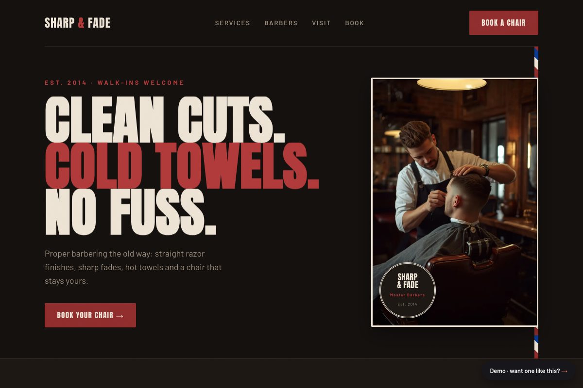 Screenshot of the Sharp Fade barbershop demo website