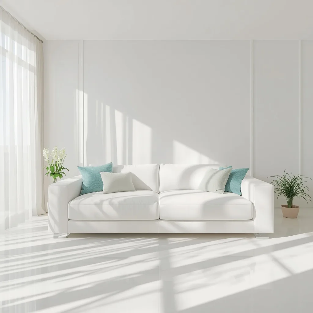 Bright, sunlit living room with a spotless white sofa and freshly cleaned floors