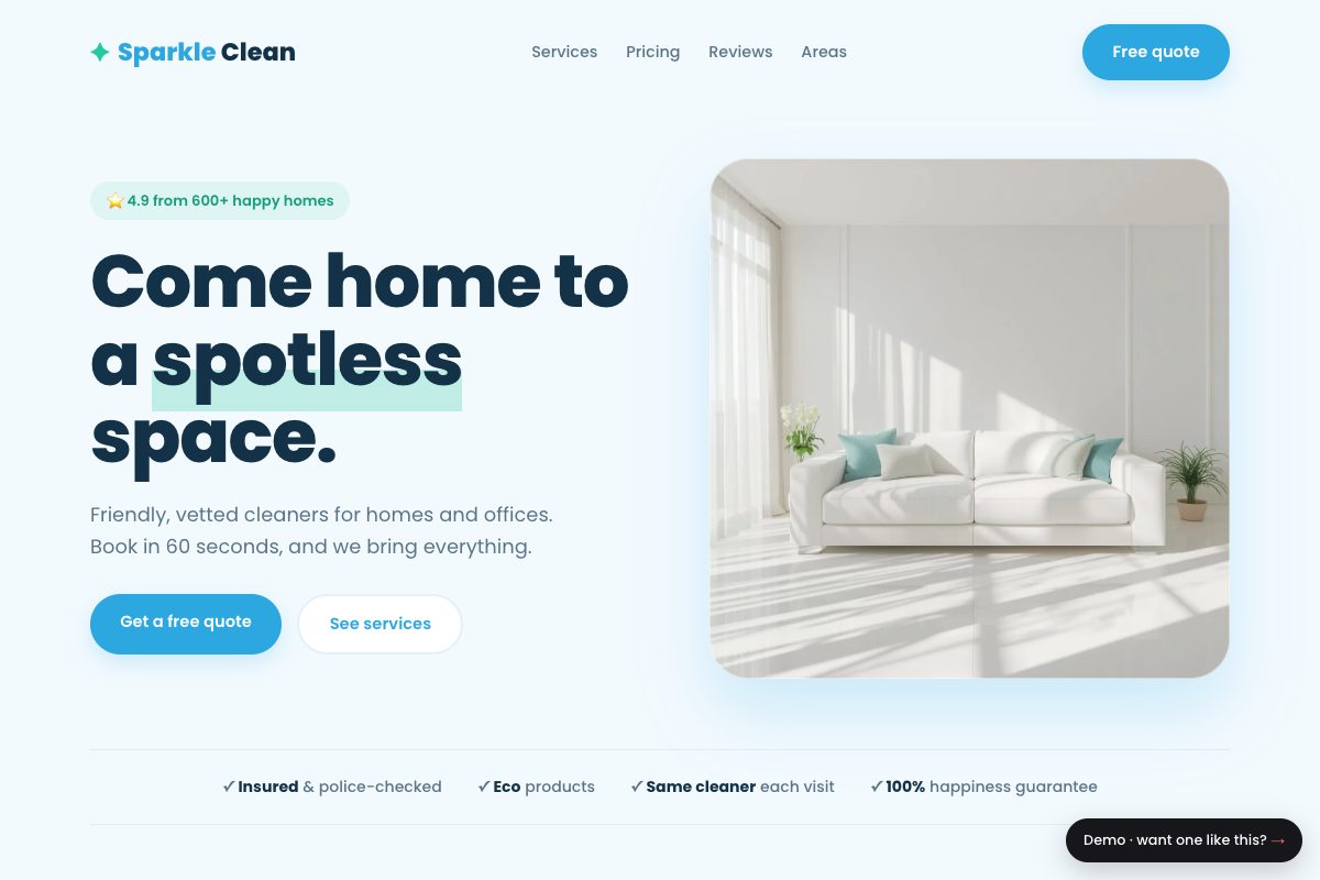 Screenshot of the Sparkle Clean demo website