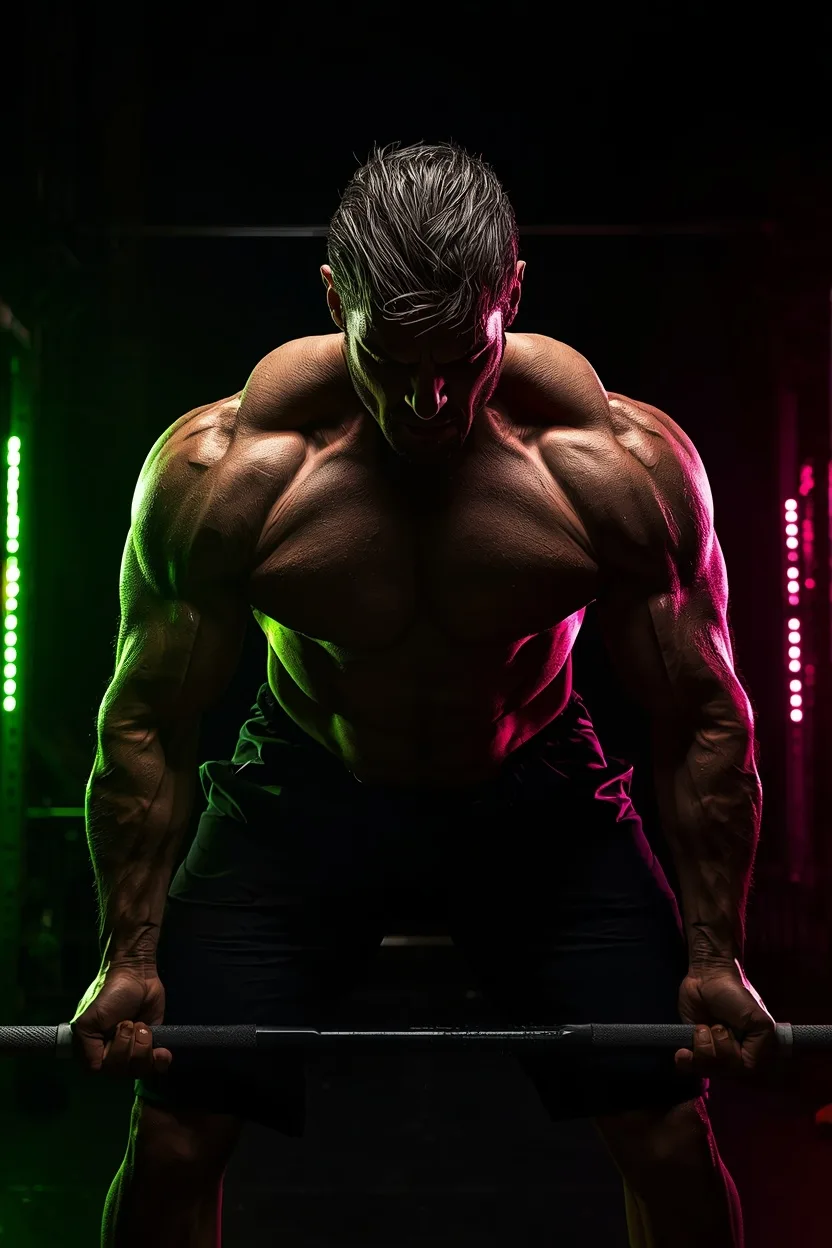 Athlete mid-lift gripping a barbell under green and magenta gym rim lighting