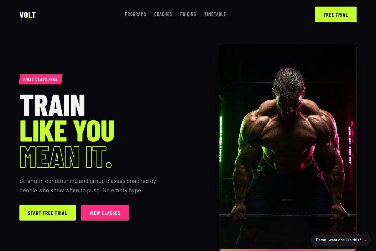 Screenshot of the Volt gym demo website